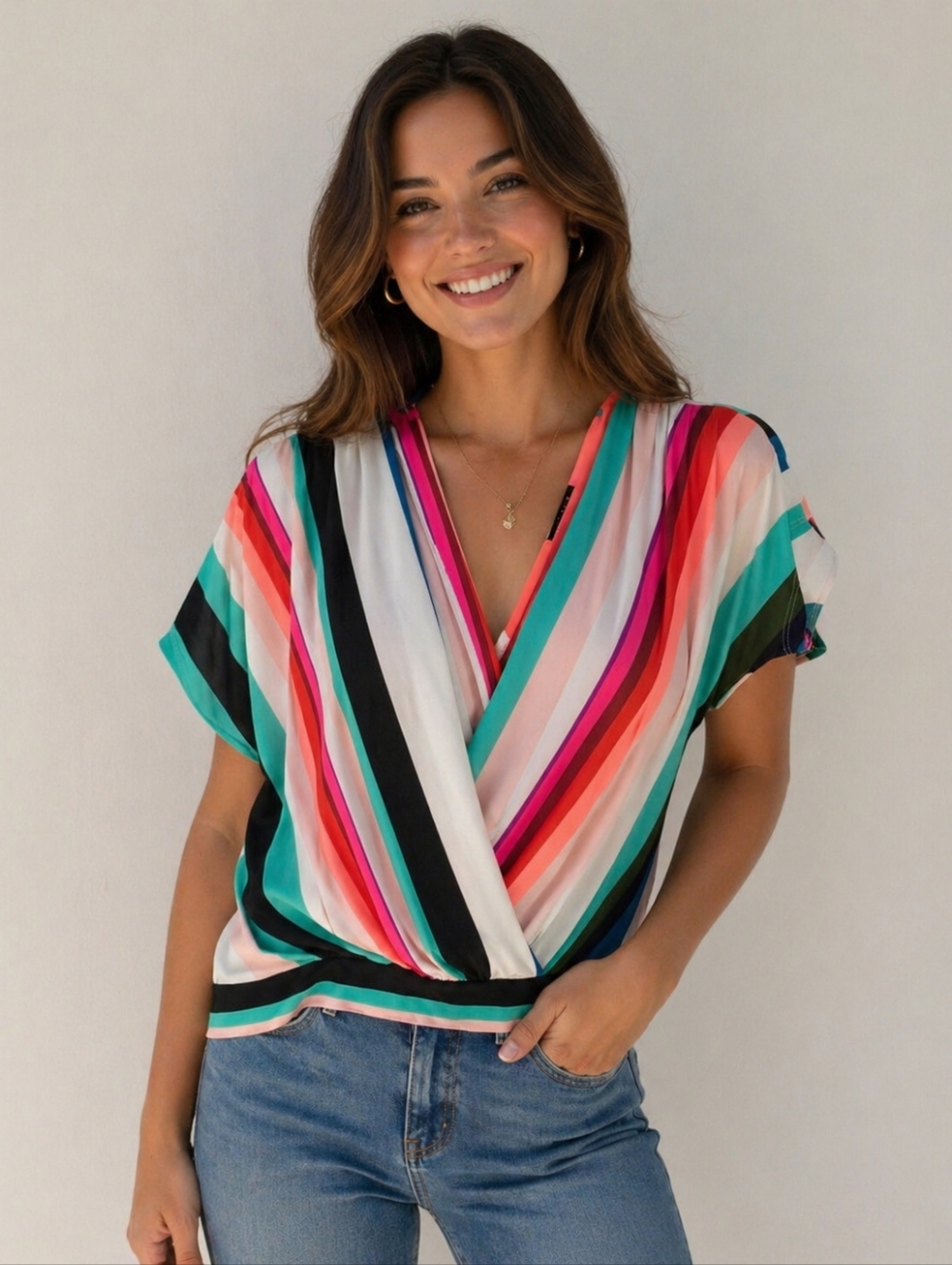 Express colorful striped double v-neck blouse